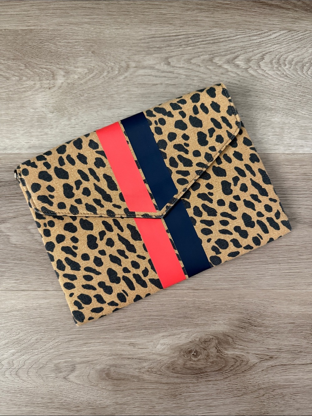Leopard Print Clutch with Red and Navy Stripe